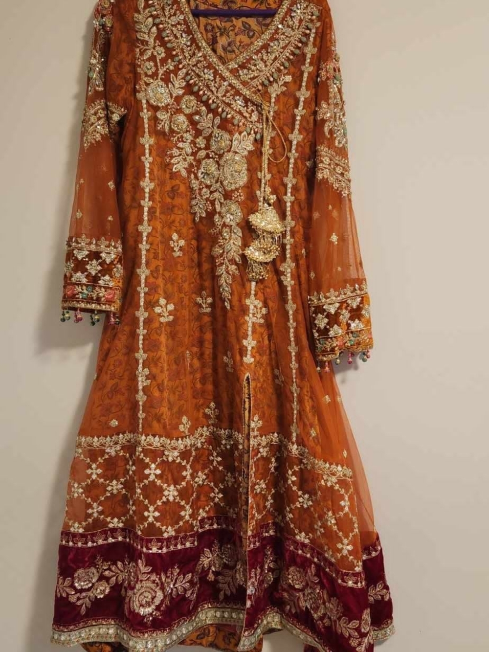 Ornate Orange and Burgundy Embroidered Wedding Dress